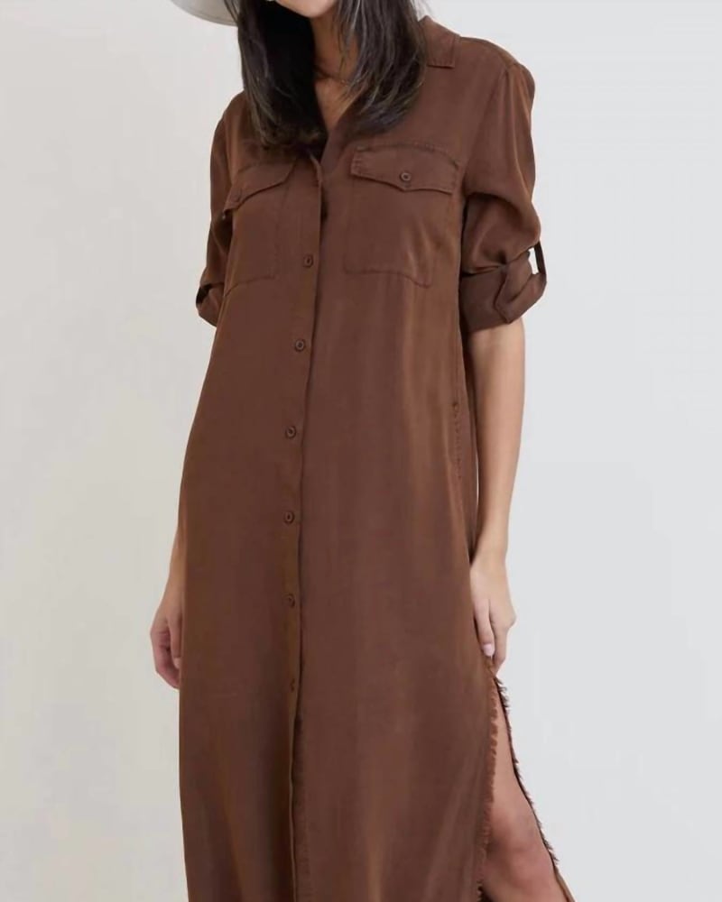 Front of a model wearing a size L Maxi Shirt Dress in Brown in Brown by Bella Dahl. | dia_product_style_image_id:363478